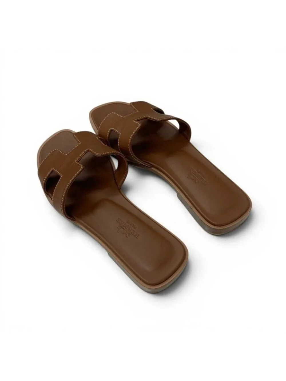 Hermes Oran Sandals Shoes Leather Brown Flat Mules